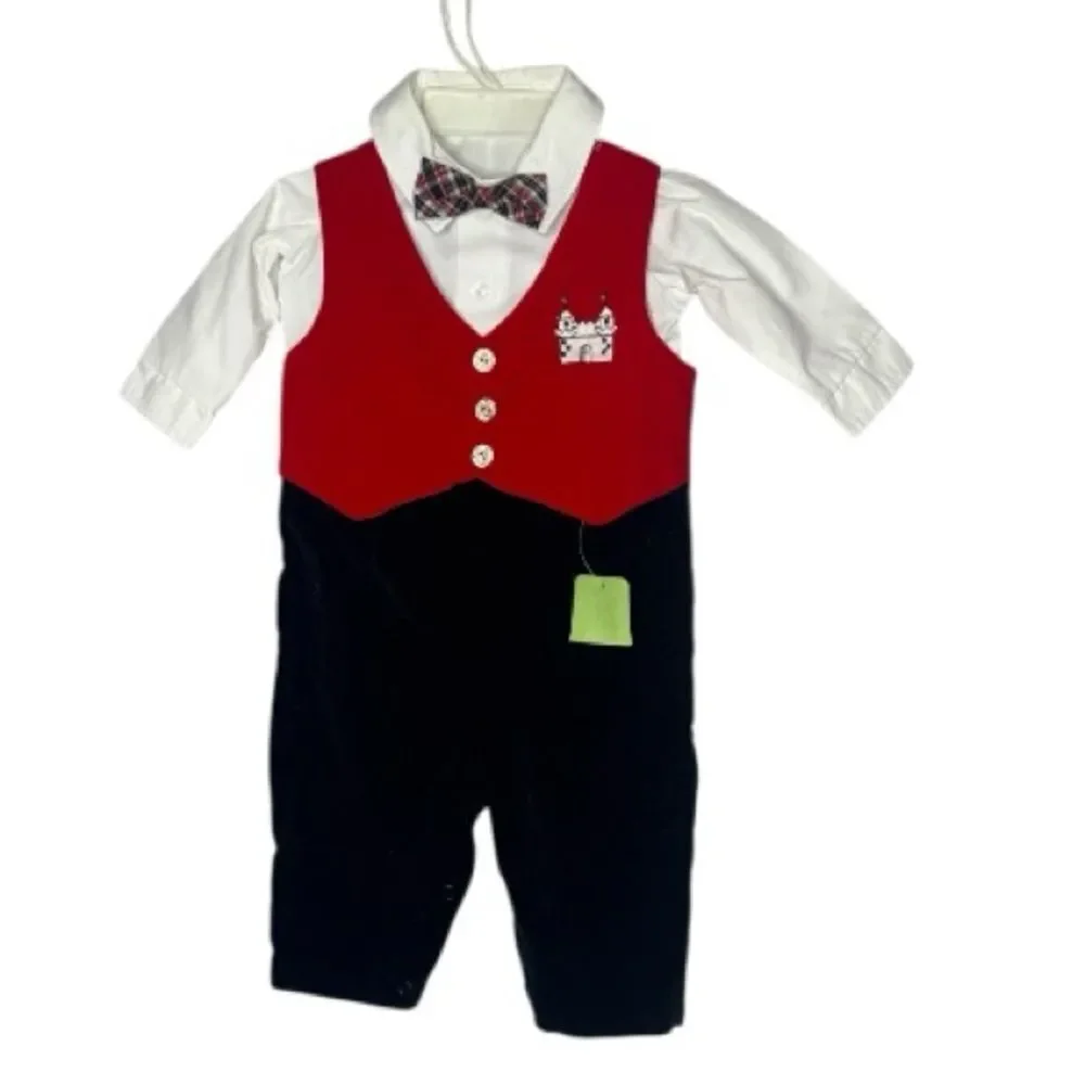 Vintage Red and Black Velvet Kids Formal Outfit with Bow Tie. Size 6-9 Months.‎